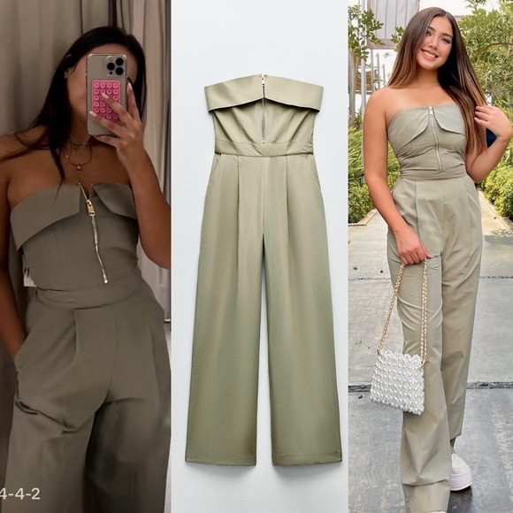 Zara Pants - Zara NWT pale olive green zipper front foldover strapless bandeau tube jumpsuit